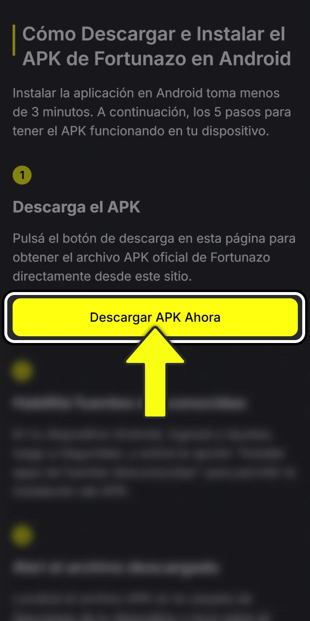 Descargá el archivo APK directamente desde el sitio Fortunazo oficial.