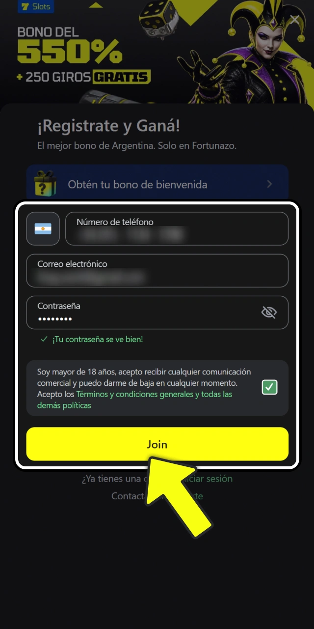 Creá tu cuenta personal para acceder a promociones en Fortunazo.