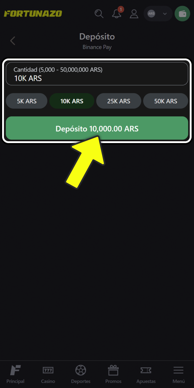 Depositá fondos en tu cuenta para jugar en Fortunazo.