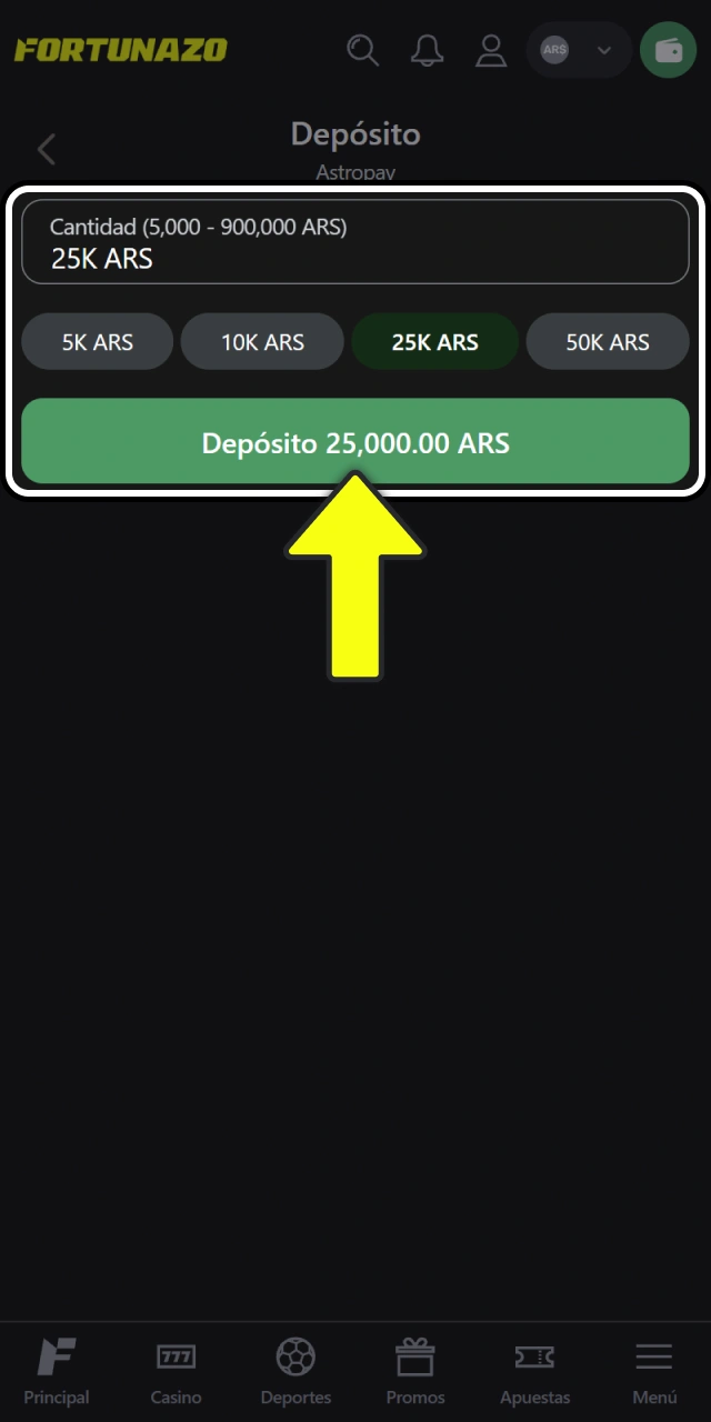Ingresá el monto de dinero a depositar en Fortunazo.