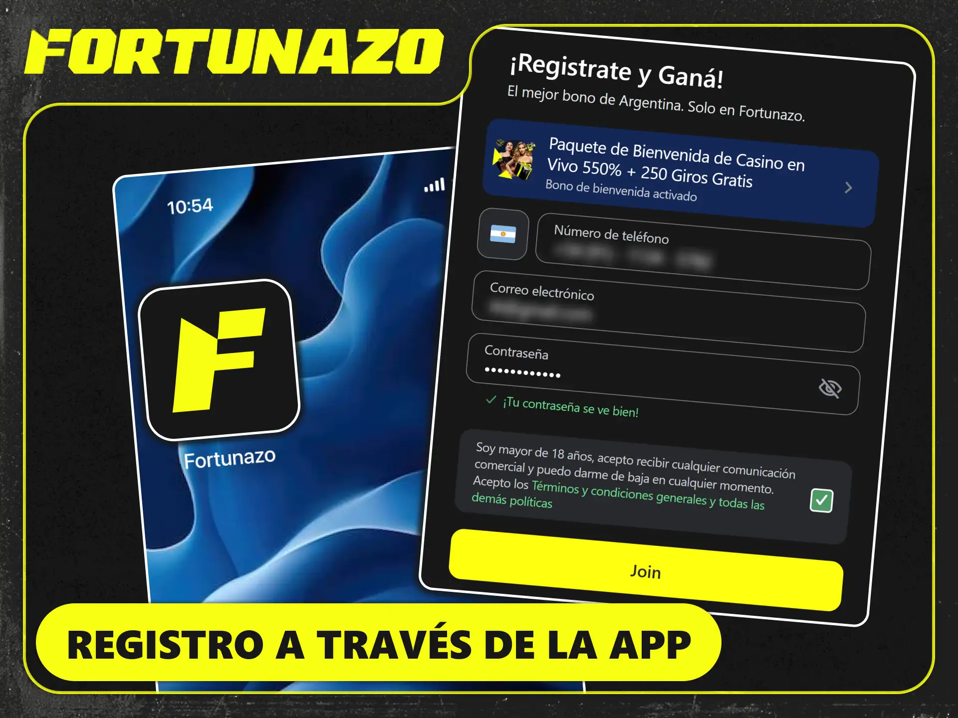 Creá tu nueva cuenta desde la app móvil de Fortunazo.