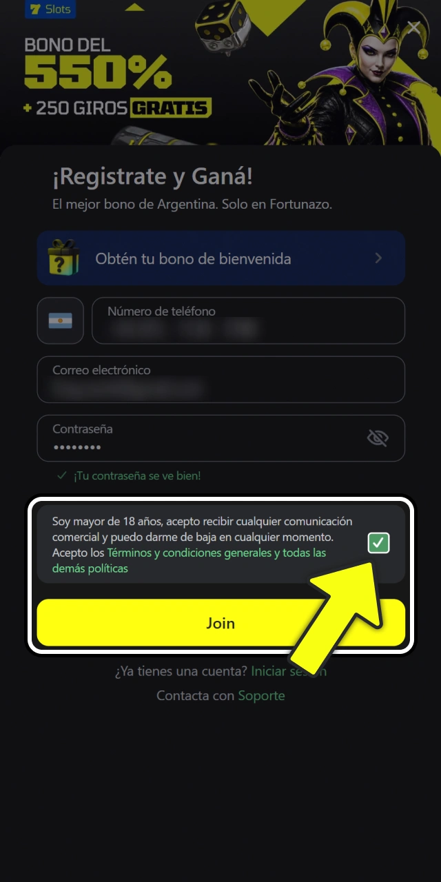 Aceptá los términos de servicio para registrarte en Fortunazo Argentina.