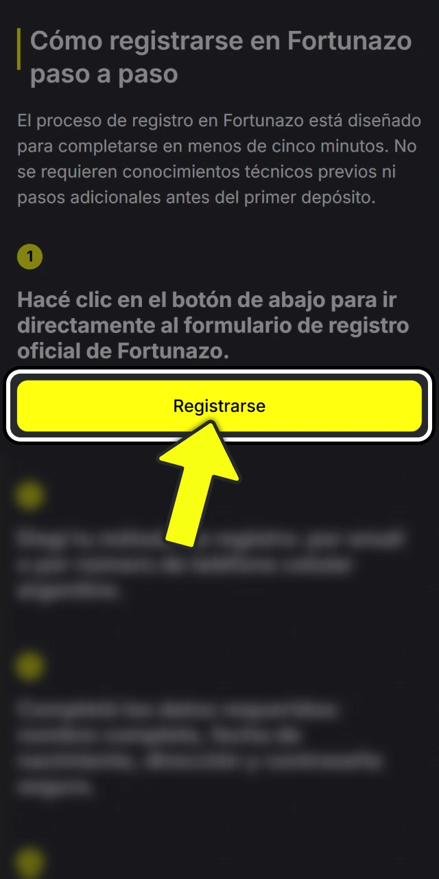 Accedé al formulario de registro en la plataforma Fortunazo oficial.
